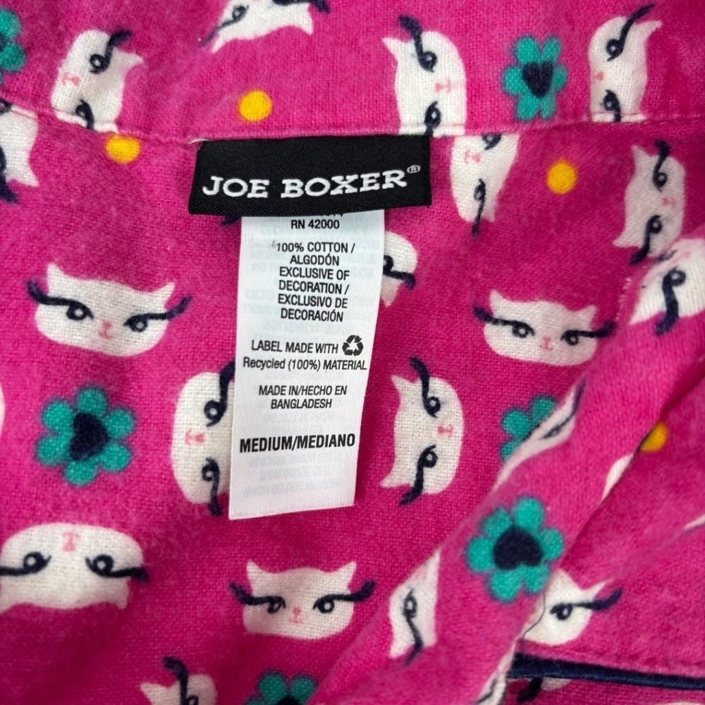 Joe Boxer Women's M Flannel Pajama Set Pink Cat Print Button Up Top & Pants - Picture 2 of 11